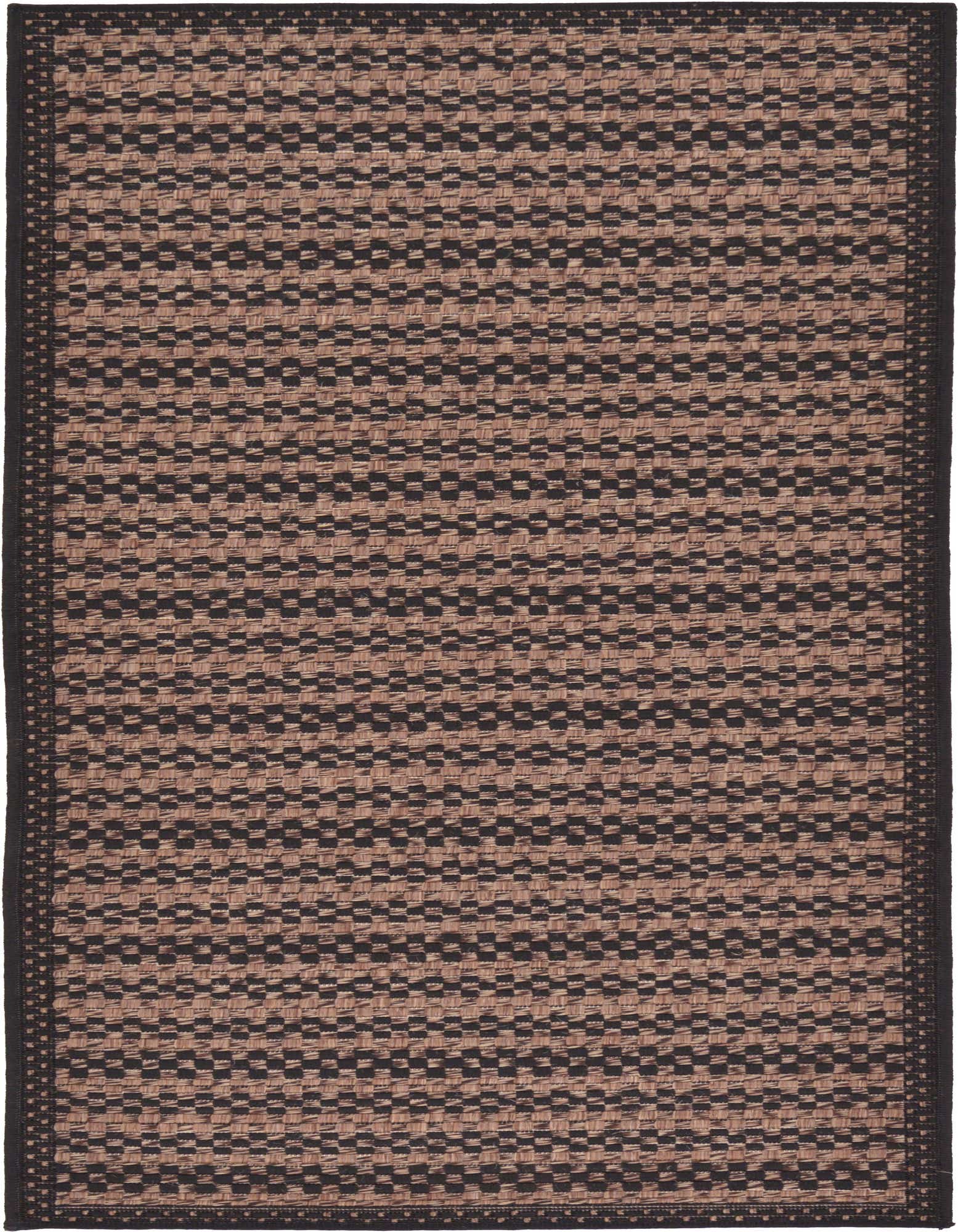A 6 ft runner rug with a modern brown and tan checkered pattern, featuring a dark brown border, suitable for indoor or outdoor use.