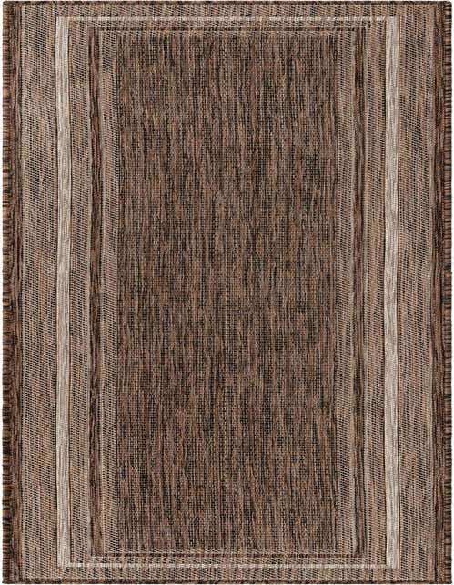 A brown and tan striped runner rug with a textured flatweave, suitable for a hallway or patio.
