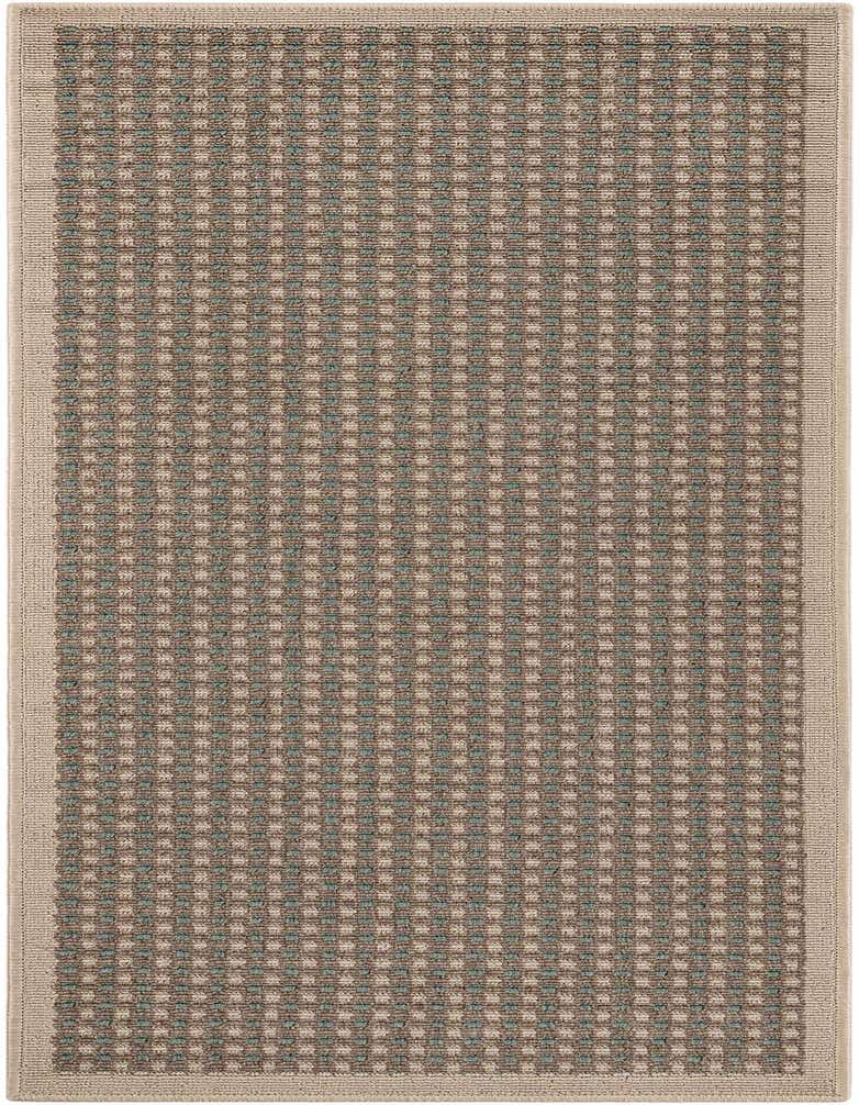 A 5 ft runner rug with a modern brown and teal checkered pattern, framed by a solid tan border.