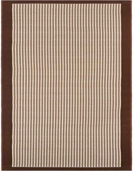 A 12 ft runner rug with a modern geometric pattern, featuring a brown border and a tan center with small brown squares.