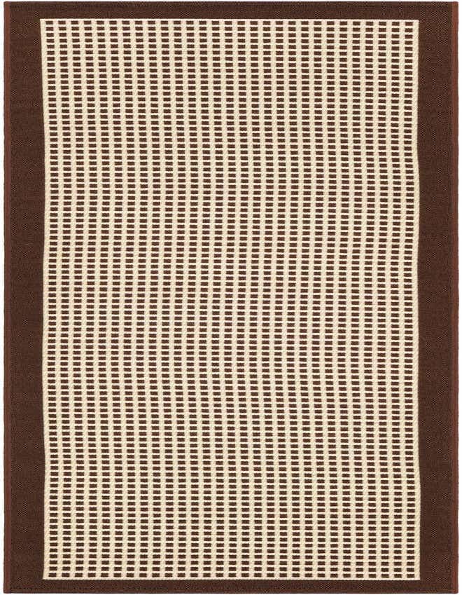 A 6 ft runner rug featuring a modern brown and tan checkered pattern with a solid brown border, suitable for hallways or patios.
