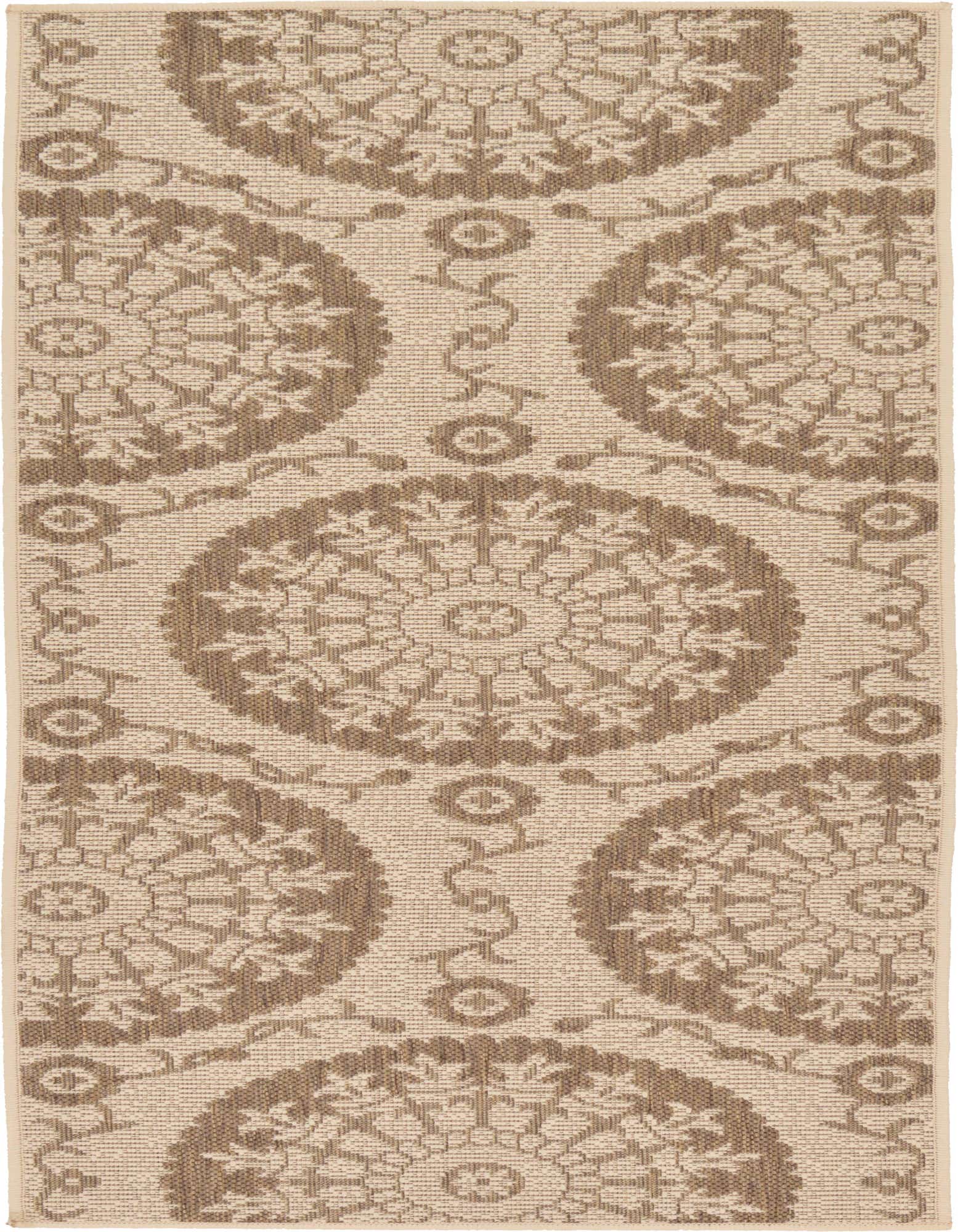 A 6 ft runner rug with a repeating pattern of large, light brown botanical medallions on a tan flatweave background.