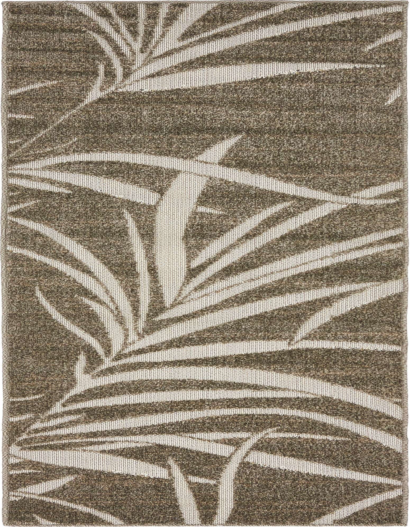 A 6 ft runner rug with a modern botanical pattern of light tan palm leaves against a textured brown background.