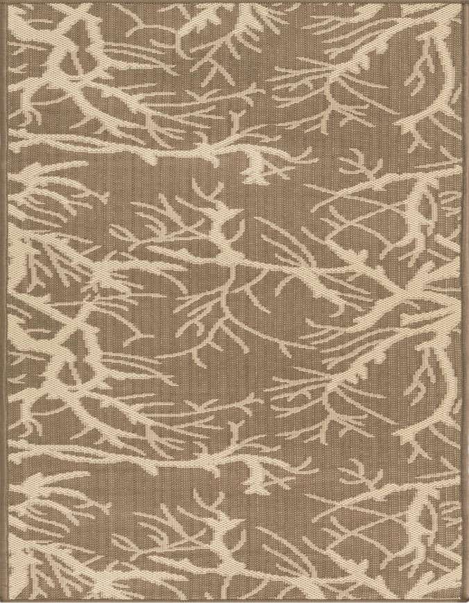A 6 ft runner rug featuring a modern botanical pattern of light tan branches on a brown flatweave background, suitable for a hallway or patio.