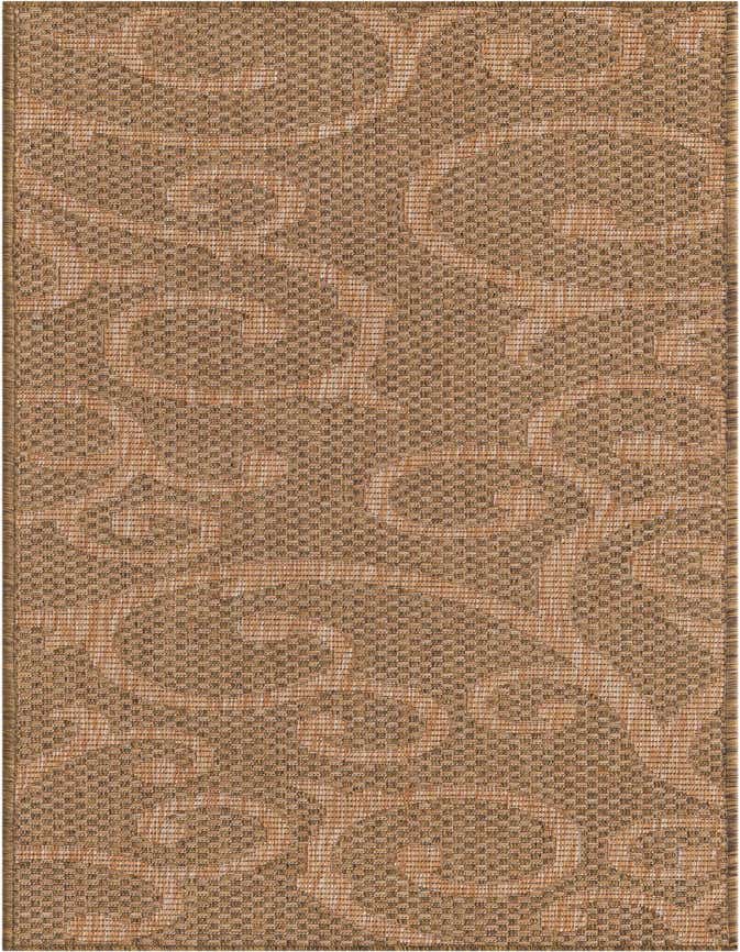 A 6 ft runner rug featuring a textured flatweave in varying shades of brown and tan, with an abstract botanical pattern, suitable for indoor or outdoor use.