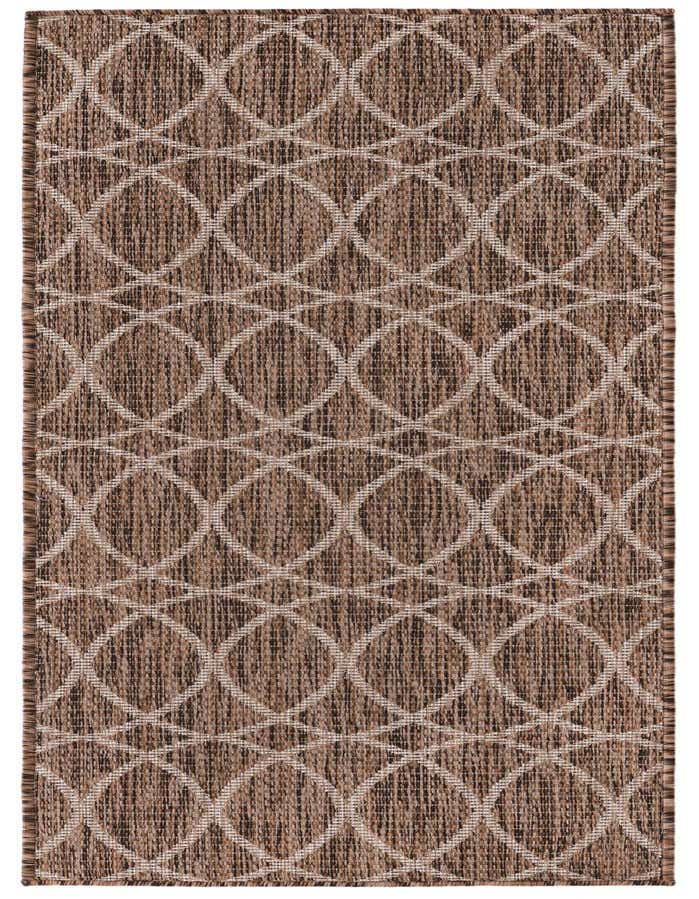 A 6 ft runner rug with a modern trellis pattern in shades of brown and tan, suitable for indoor/outdoor use.