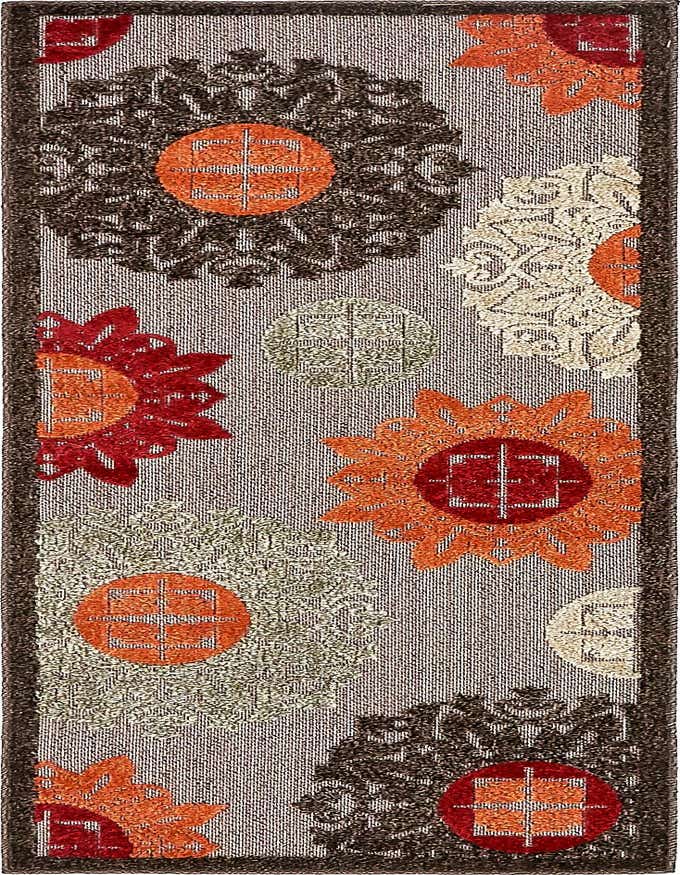 A 6 ft runner rug featuring a modern botanical medallion pattern in shades of brown, tan, orange, and red, suitable for a hallway or kitchen.