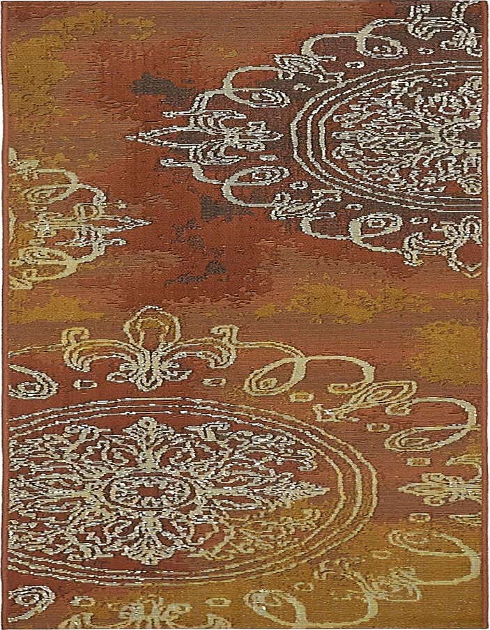 A 6 ft runner rug with a brown and tan background featuring large, ornate medallion and fleur-de-lis patterns in lighter tan and cream.