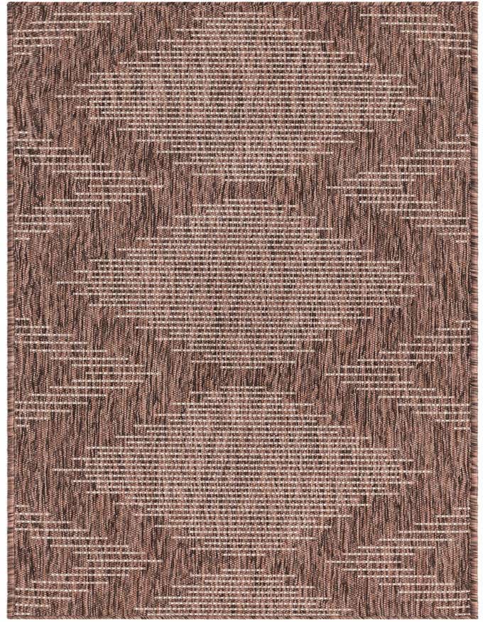 A 6 ft runner rug with a Southwestern-inspired geometric pattern in varying shades of brown and tan, suitable for indoor or outdoor use.