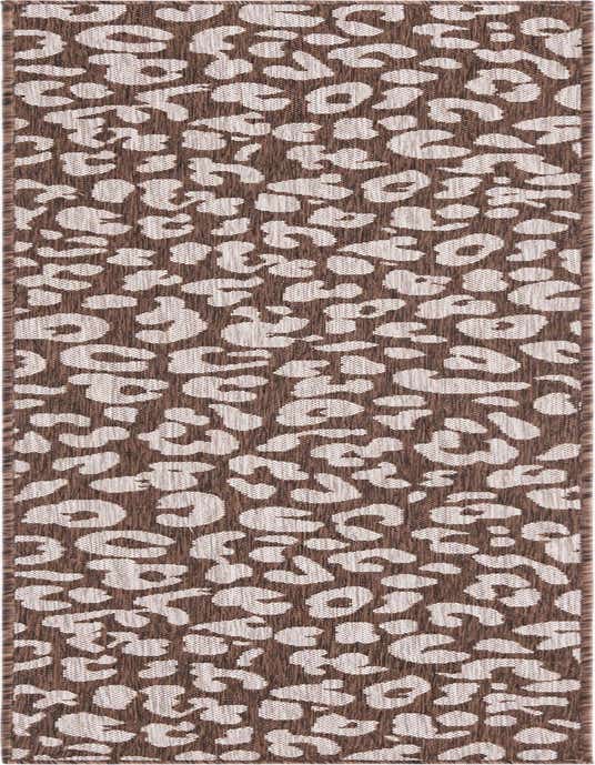 A brown and tan 8 ft runner rug with a modern leopard print pattern, suitable for indoor or outdoor use.
