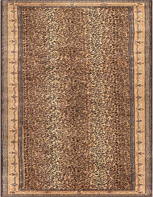 A 10 ft runner rug in a modern leopard print pattern with shades of brown and tan, featuring a decorative border.