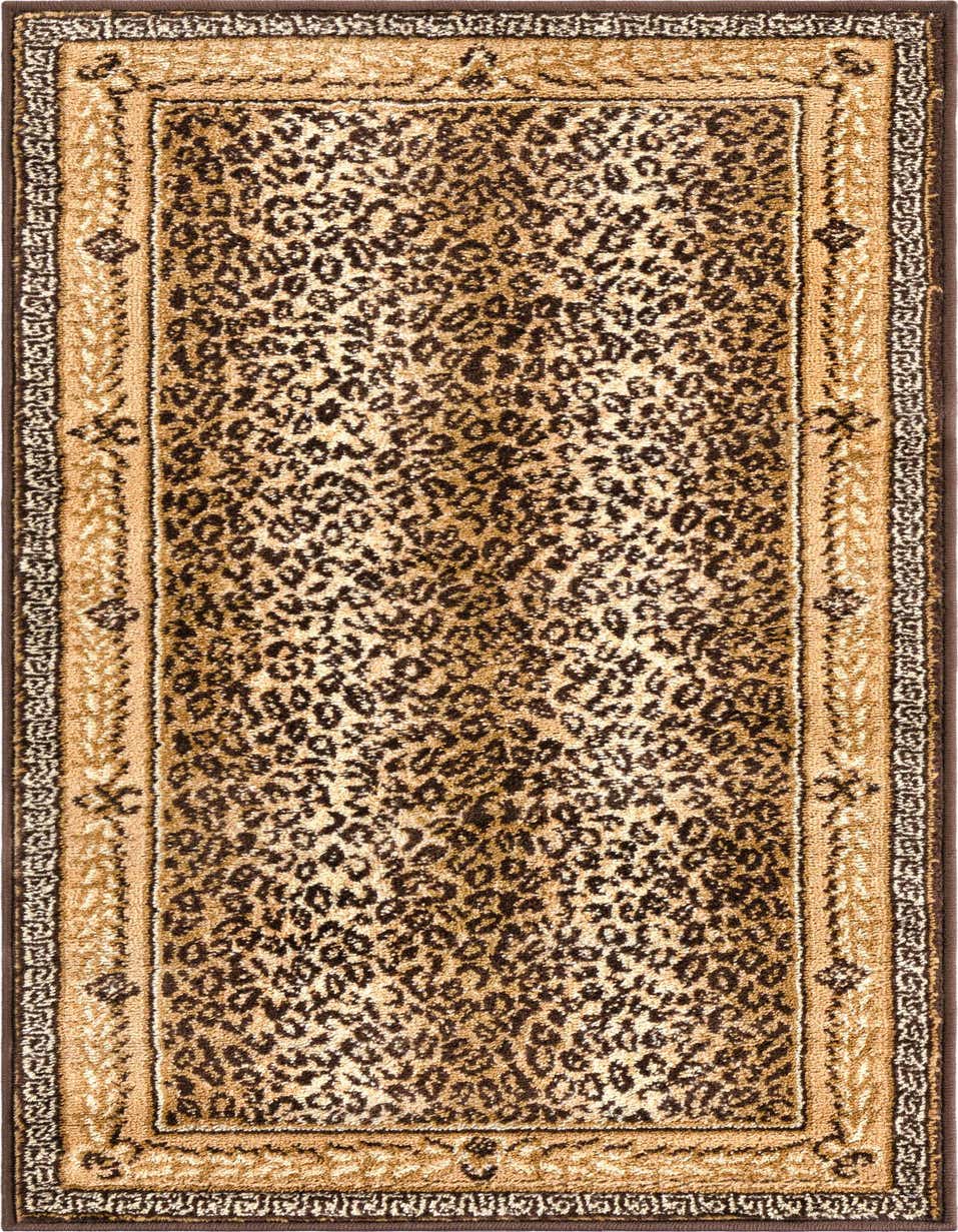 A 4 ft runner rug in a modern leopard print pattern with shades of brown and tan, featuring a decorative border.