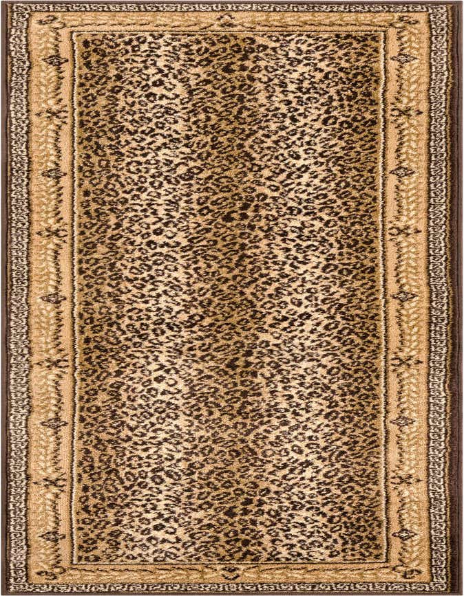 A 6 ft runner rug with a modern leopard print pattern in shades of brown and tan, featuring a decorative border.