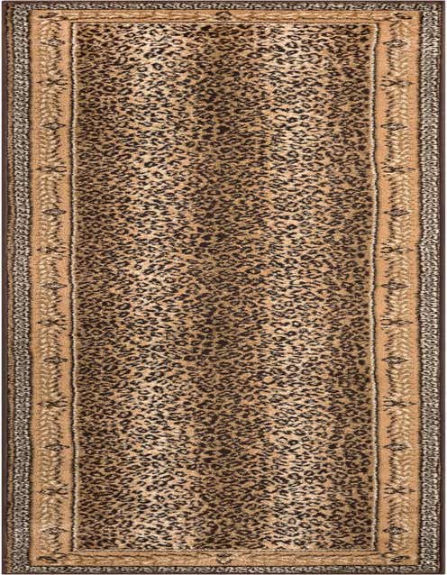 A long runner rug with a tan and brown leopard print pattern, bordered by a decorative brown and beige design.