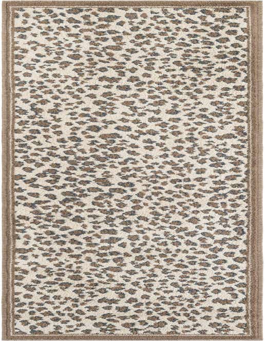 A long 8 ft runner rug with a modern leopard print in various brown and tan shades, framed by a solid brown border, ideal for a hallway or kitchen.