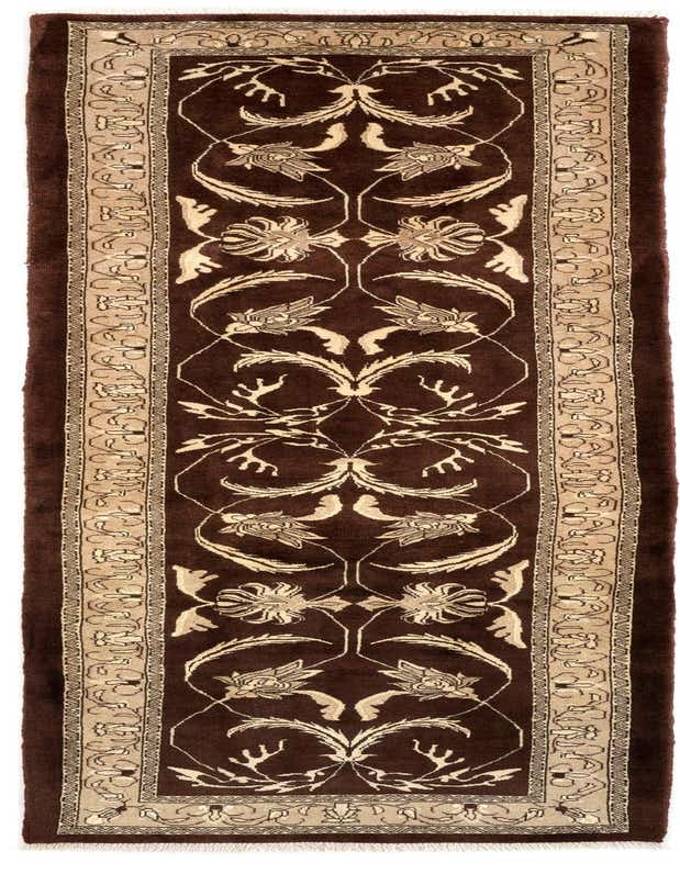 A 10 ft runner rug in rich brown with intricate tan Persian floral and vine patterns, ideal for a hallway.