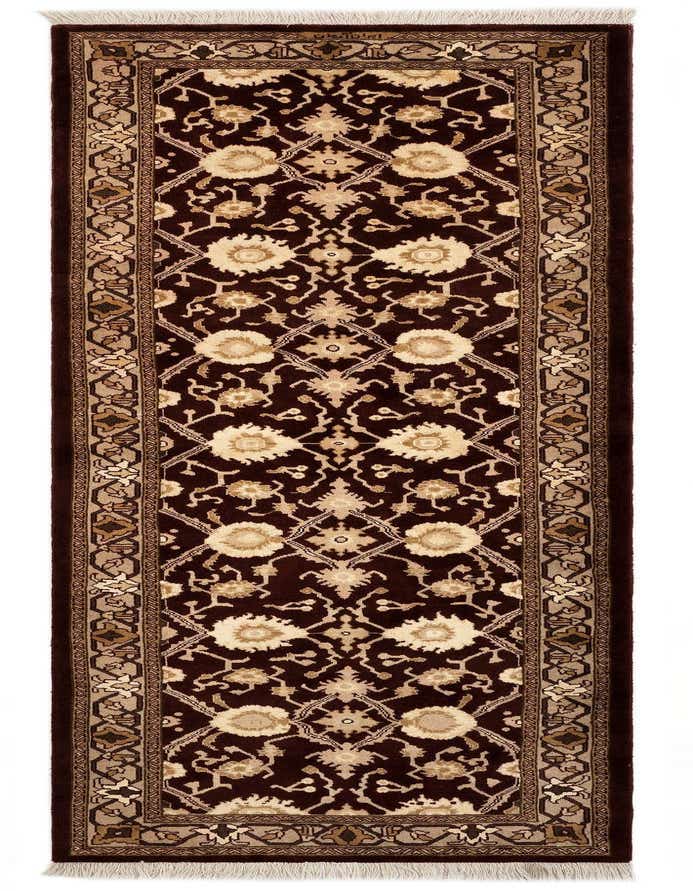 A 9 ft runner rug featuring a rich brown background with intricate tan and cream Persian floral patterns and a decorative border.