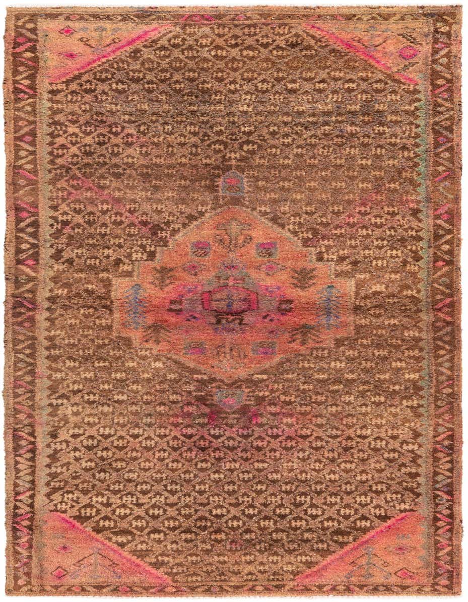 A handmade 8 ft runner rug with a traditional Persian pattern in shades of brown, tan, and subtle pinks, ideal for a hallway or kitchen.