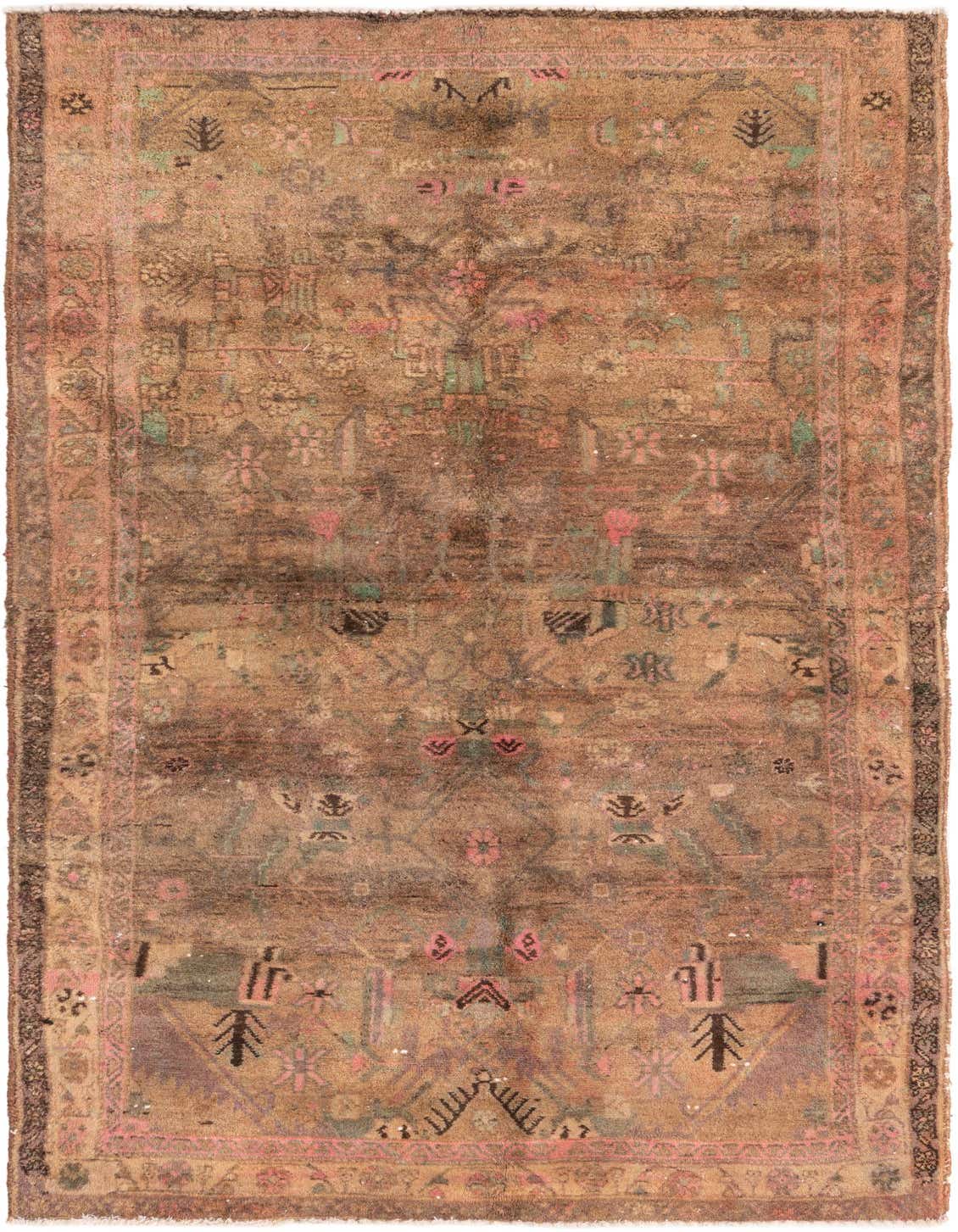 A 7 ft runner rug in shades of brown and tan with faded traditional Persian patterns, ideal for a hallway.