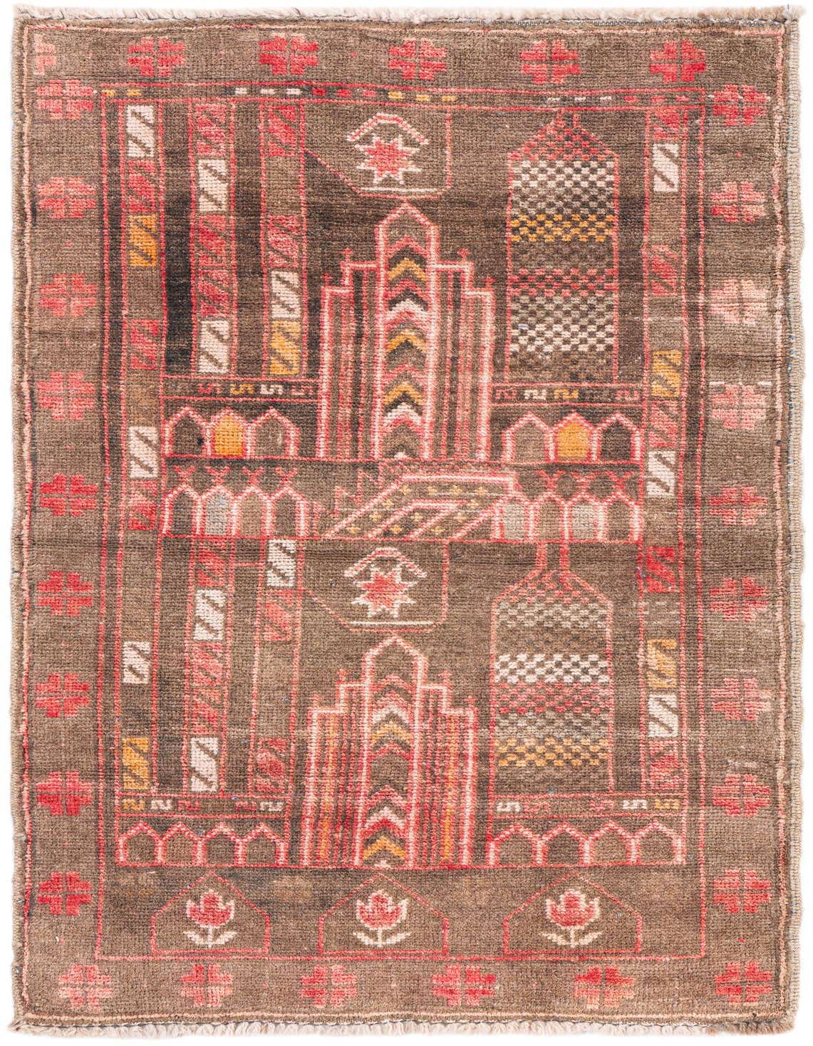 A 5 ft runner rug in shades of brown and tan, featuring a traditional Persian pattern with red, yellow, and white accents, ideal for a hallway.