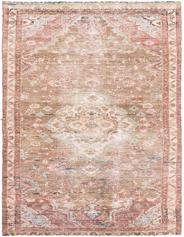 A 10 ft runner rug in brown and tan with a distressed Persian pattern, featuring hints of pink and blue.