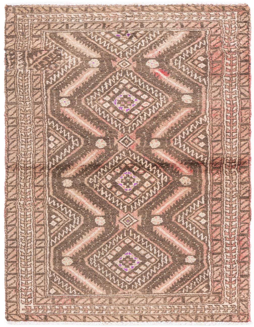 A 5 Ft runner rug with a vintage Persian pattern in shades of brown and tan, featuring geometric diamonds and intricate borders.