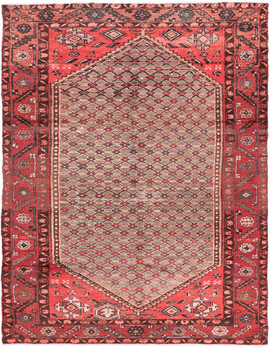 A 9 ft runner rug with a central brown and tan diamond pattern, framed by a vibrant red border with traditional Persian motifs.