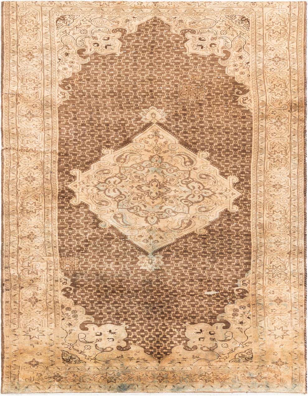 A 10 ft runner rug in brown and tan, featuring a distressed Persian medallion pattern and ornate border, ideal for a hallway.