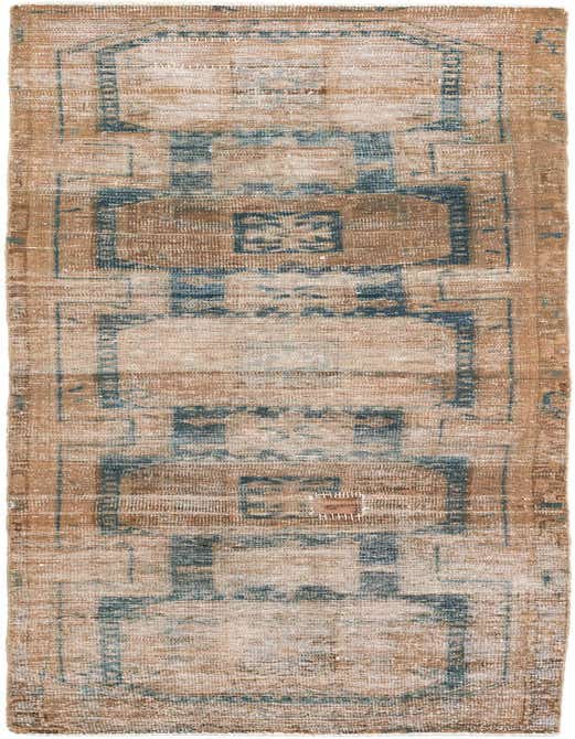 A 10 ft runner rug in brown and tan with faded blue Persian-style medallion and geometric patterns, ideal for a hallway.