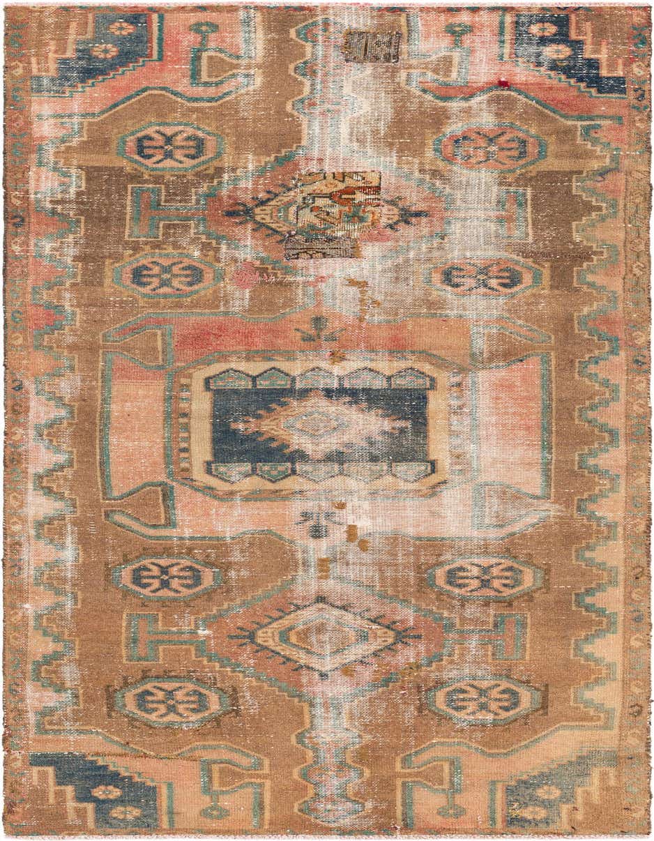 A distressed 8 ft runner rug featuring a Persian-inspired medallion pattern in muted browns, tans, and hints of blue and pink.