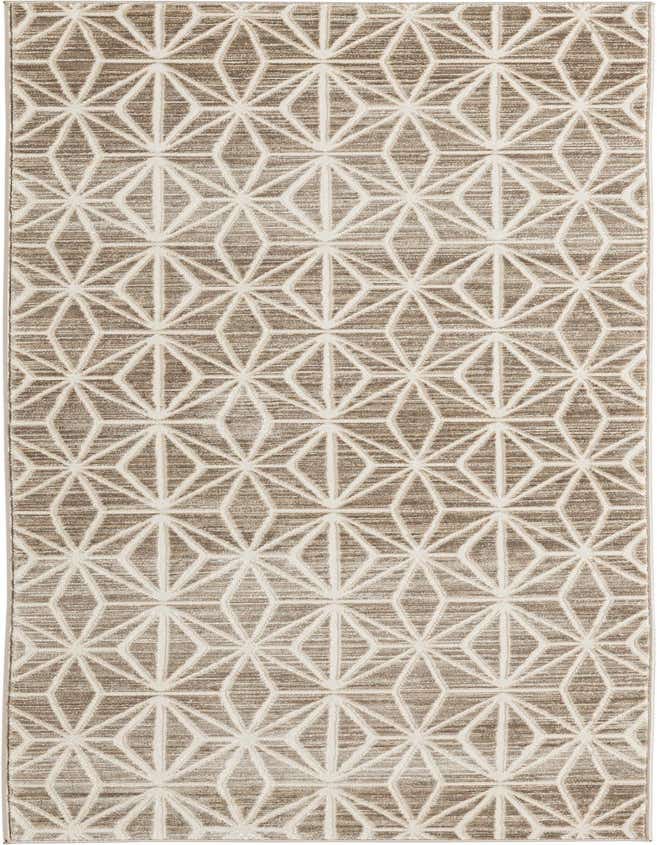 An 8 ft runner rug in shades of brown and tan with a repeating geometric, mid-century modern pattern.