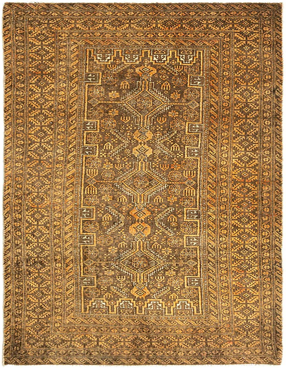 A 6 ft brown and tan vintage wool runner rug with intricate geometric patterns, ideal for a hallway.