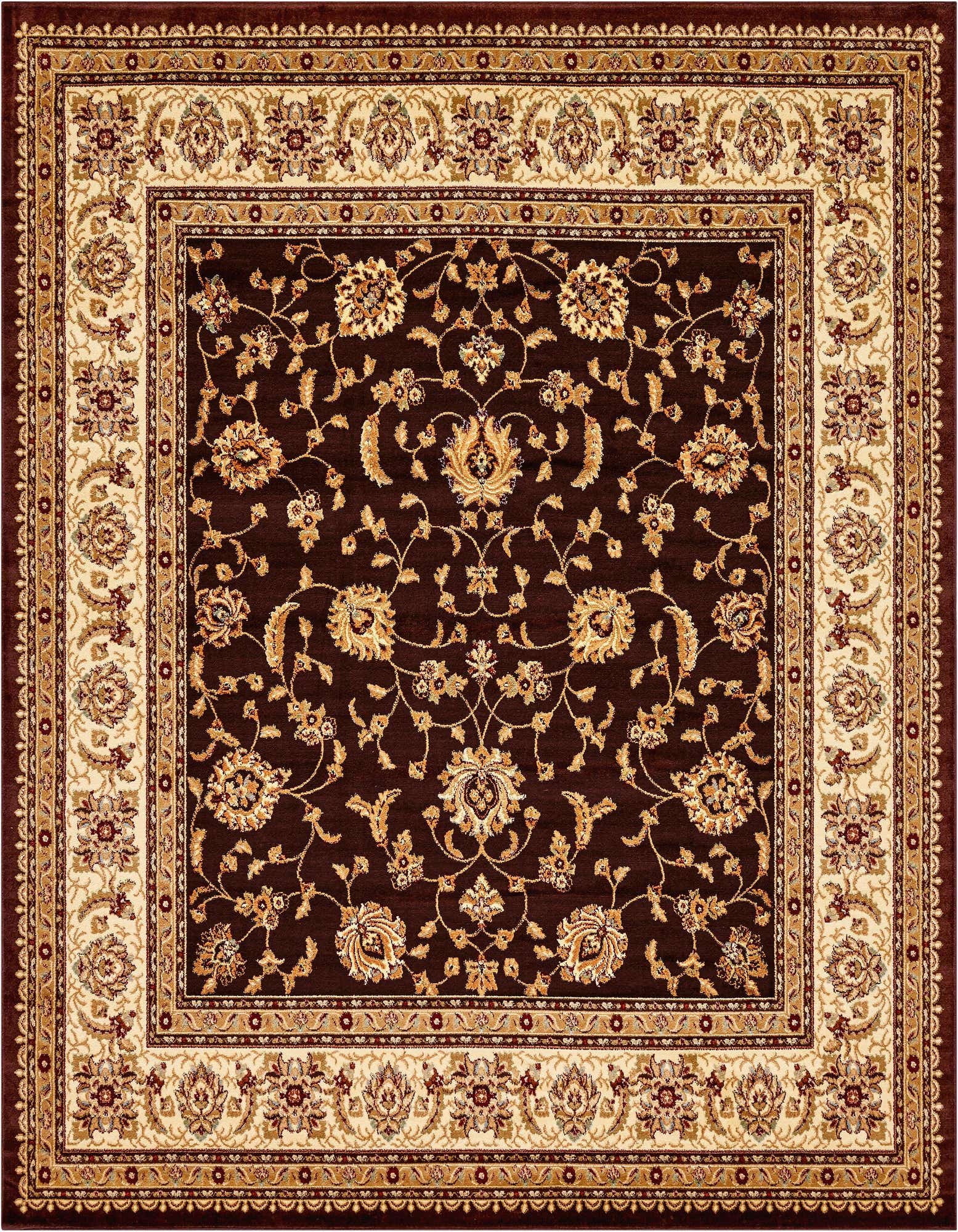 A 10'x10' square Aditi traditional rug with a dark brown field and intricate tan and gold floral oriental patterns, bordered by a wide cream and brown floral design.