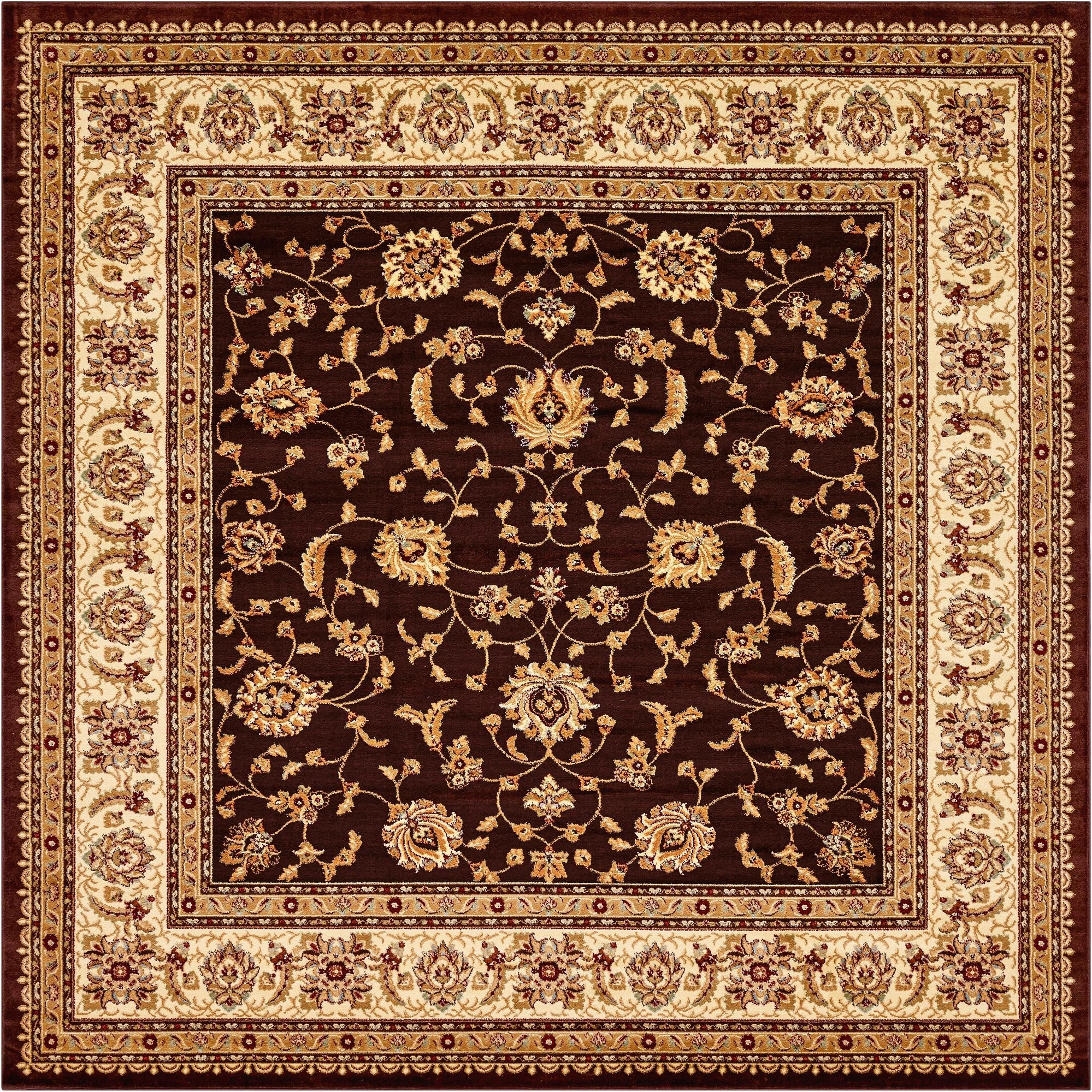 A 10'x10' square Aditi traditional rug with a dark brown field and intricate tan and gold floral oriental patterns, bordered by a wide cream and brown floral design.