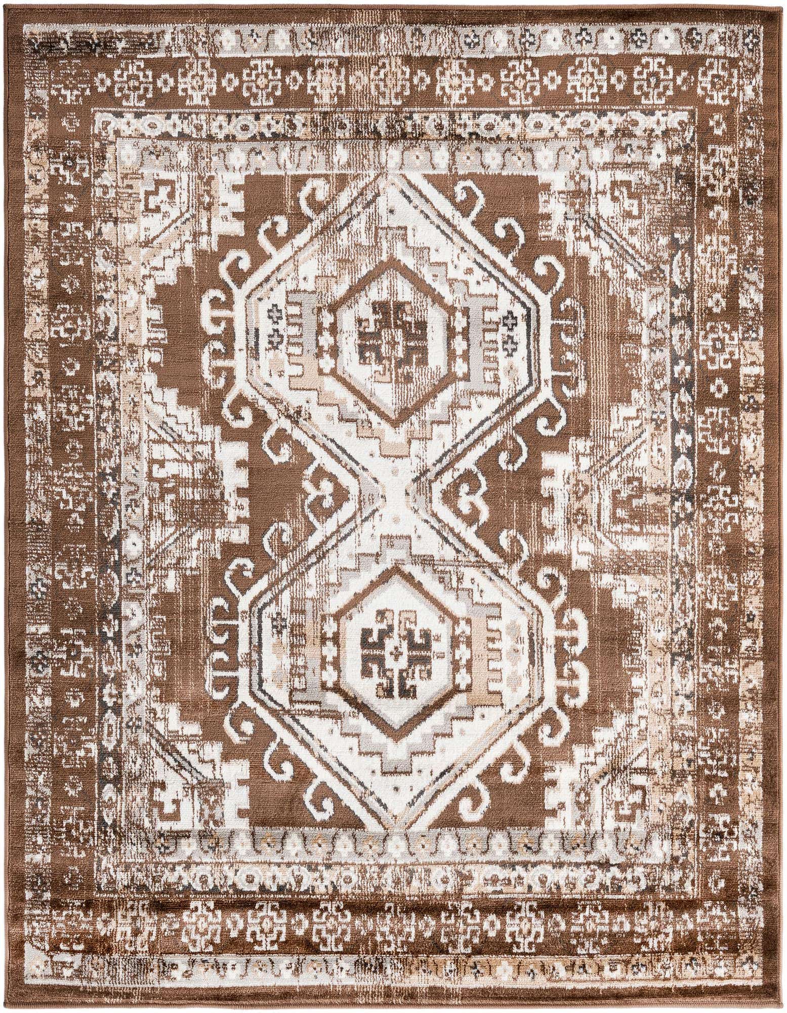 A 5' 3 x 5' 3 square brown and tan traditional tribal rug with a distressed geometric pattern.