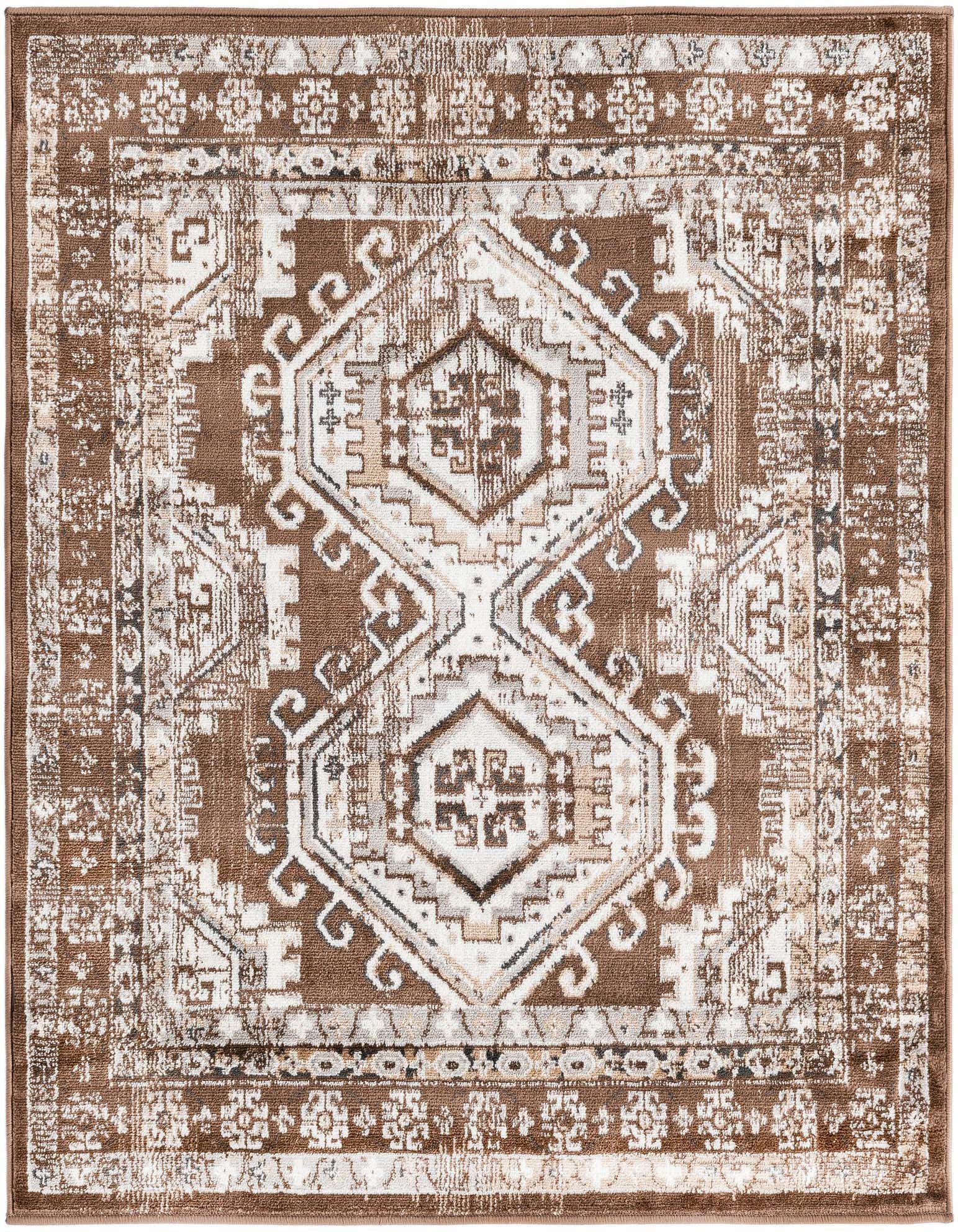 A 4'x4' square Rugs.com Charlotte rug featuring a distressed traditional tribal pattern in various shades of brown and tan.