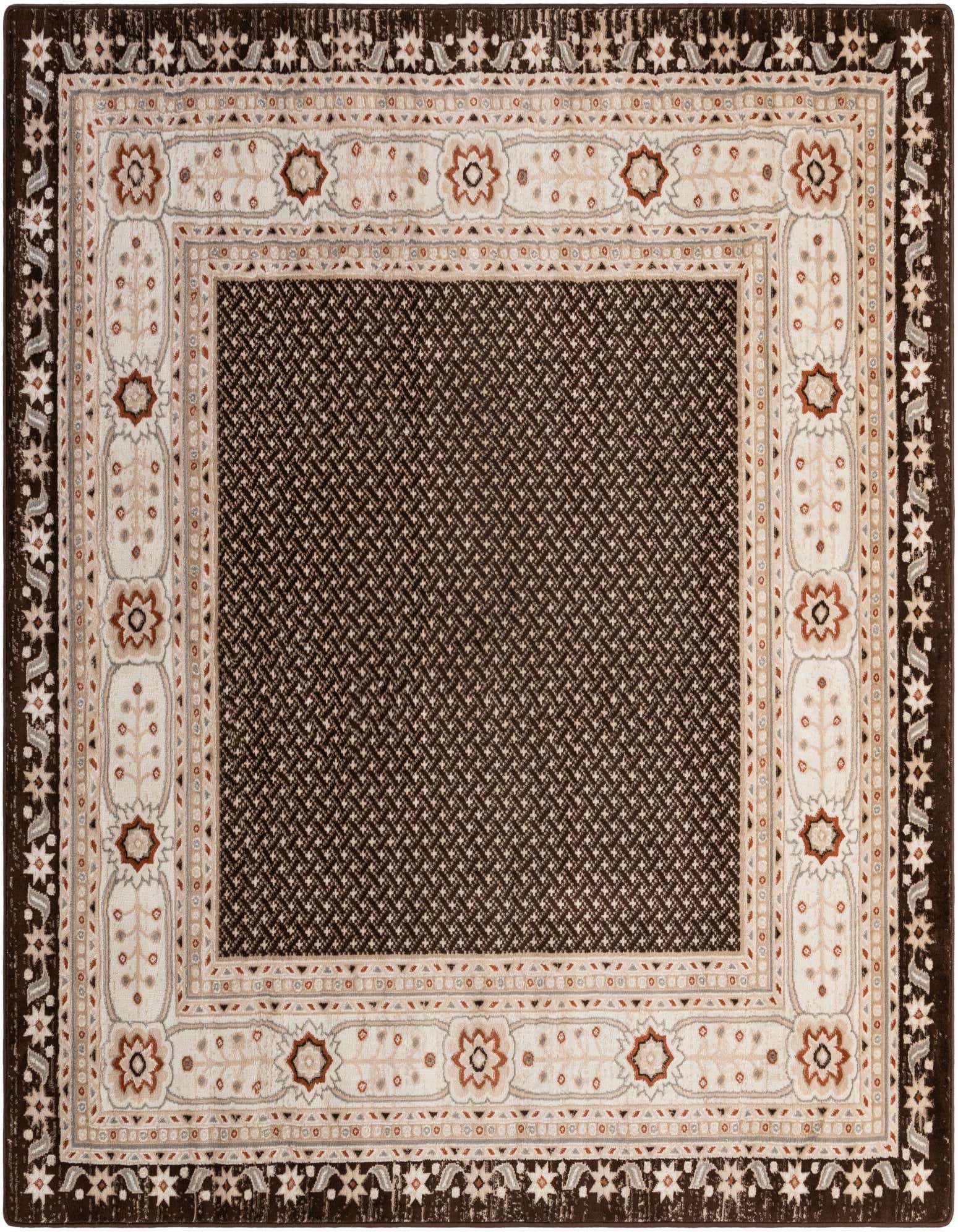 A square 7' 10 x 7' 10 Traditional Charlotte rug in browns and tans, featuring a dark brown center with a subtle geometric pattern and a wide, ornate border in lighter tan and cream with floral motifs.