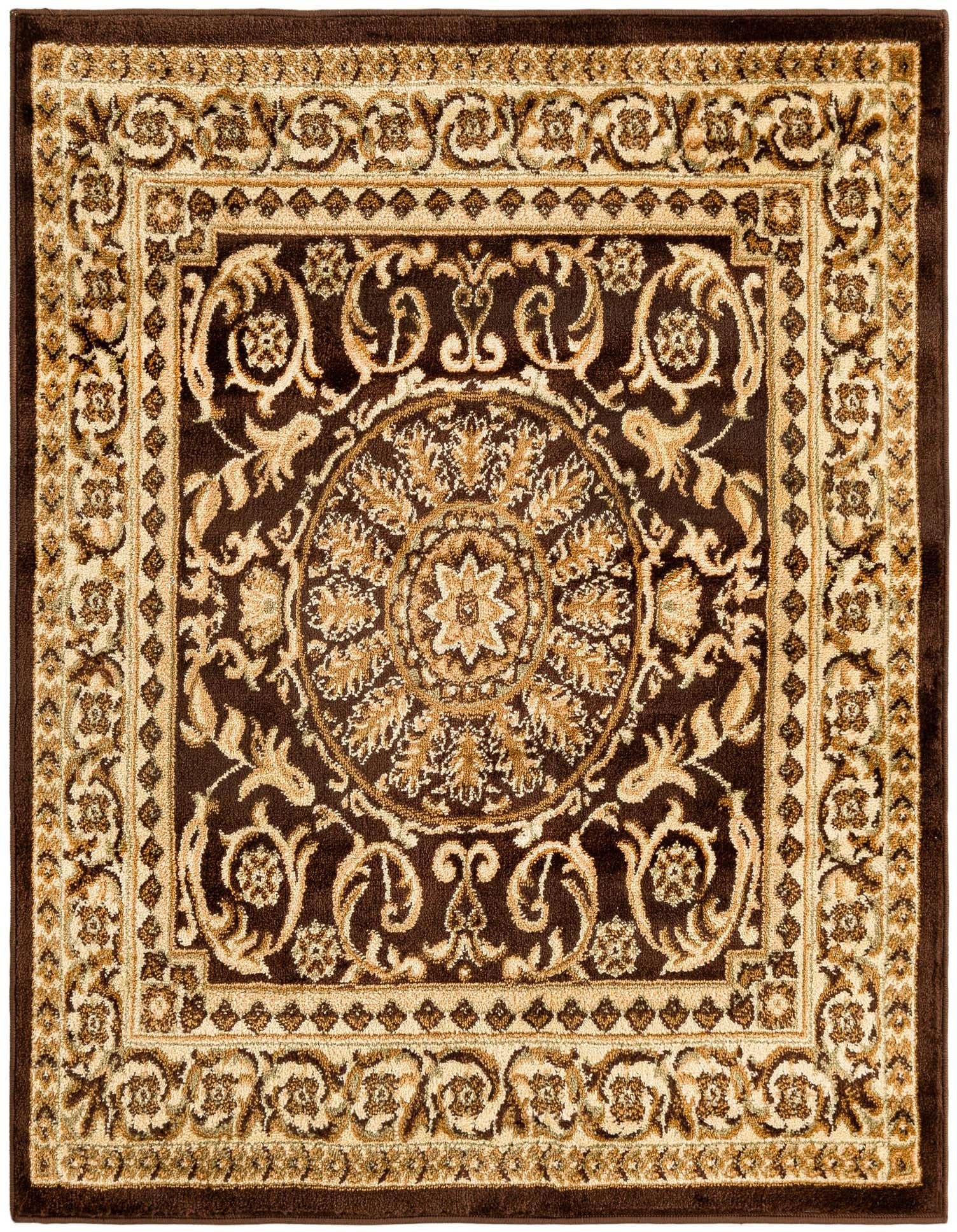 A 4'x4' square Chateau rug in rich brown and tan, featuring a traditional botanical medallion pattern.