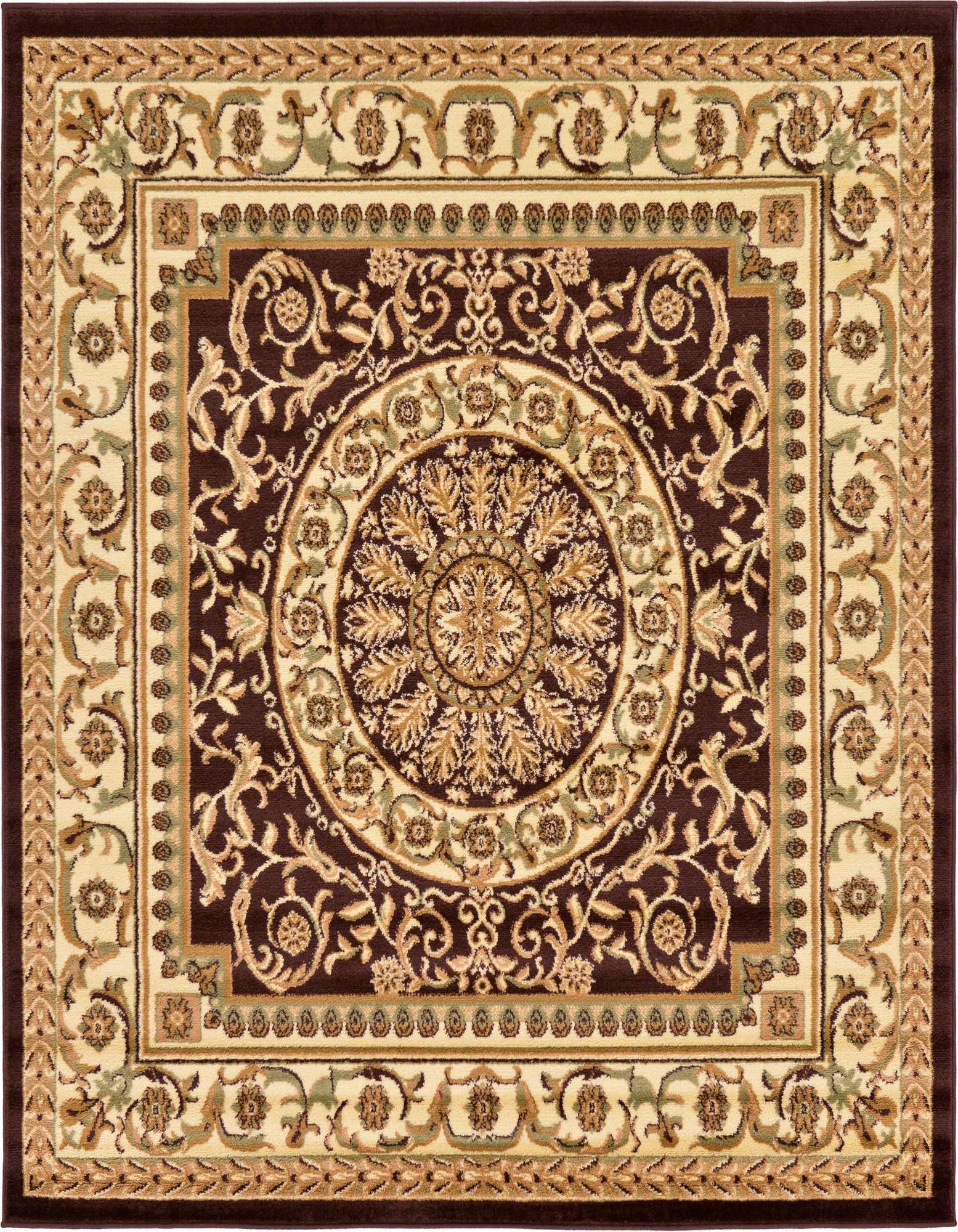 A 6'x6' square Chateau rug in browns and tans, featuring a traditional botanical medallion pattern on a dark brown field with a light border.