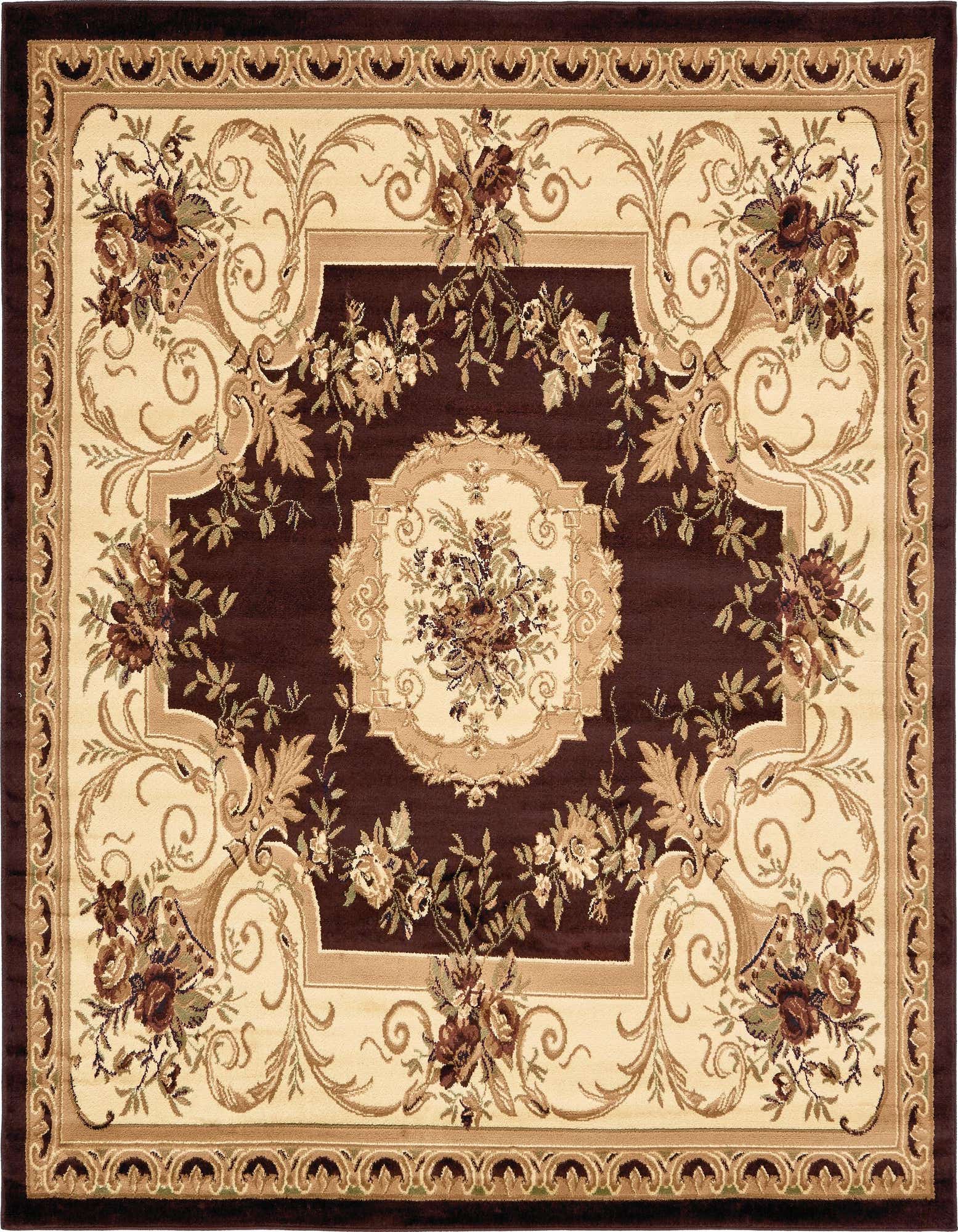 A square 7' 10 x 7' 10 traditional brown and tan rug with a central medallion and botanical patterns.