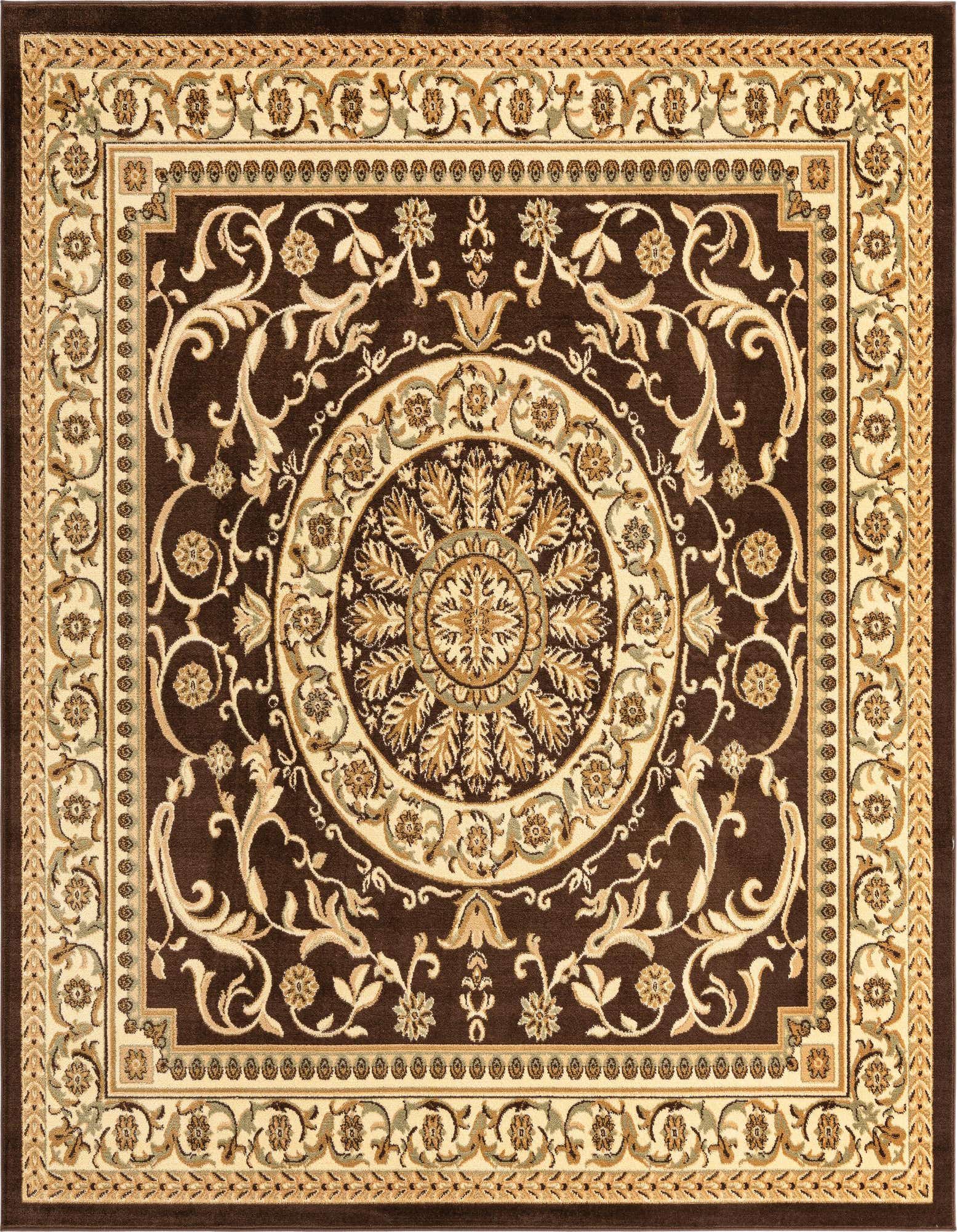 A 7' 10 x 7' 10 square brown and tan traditional rug with an intricate botanical medallion pattern.