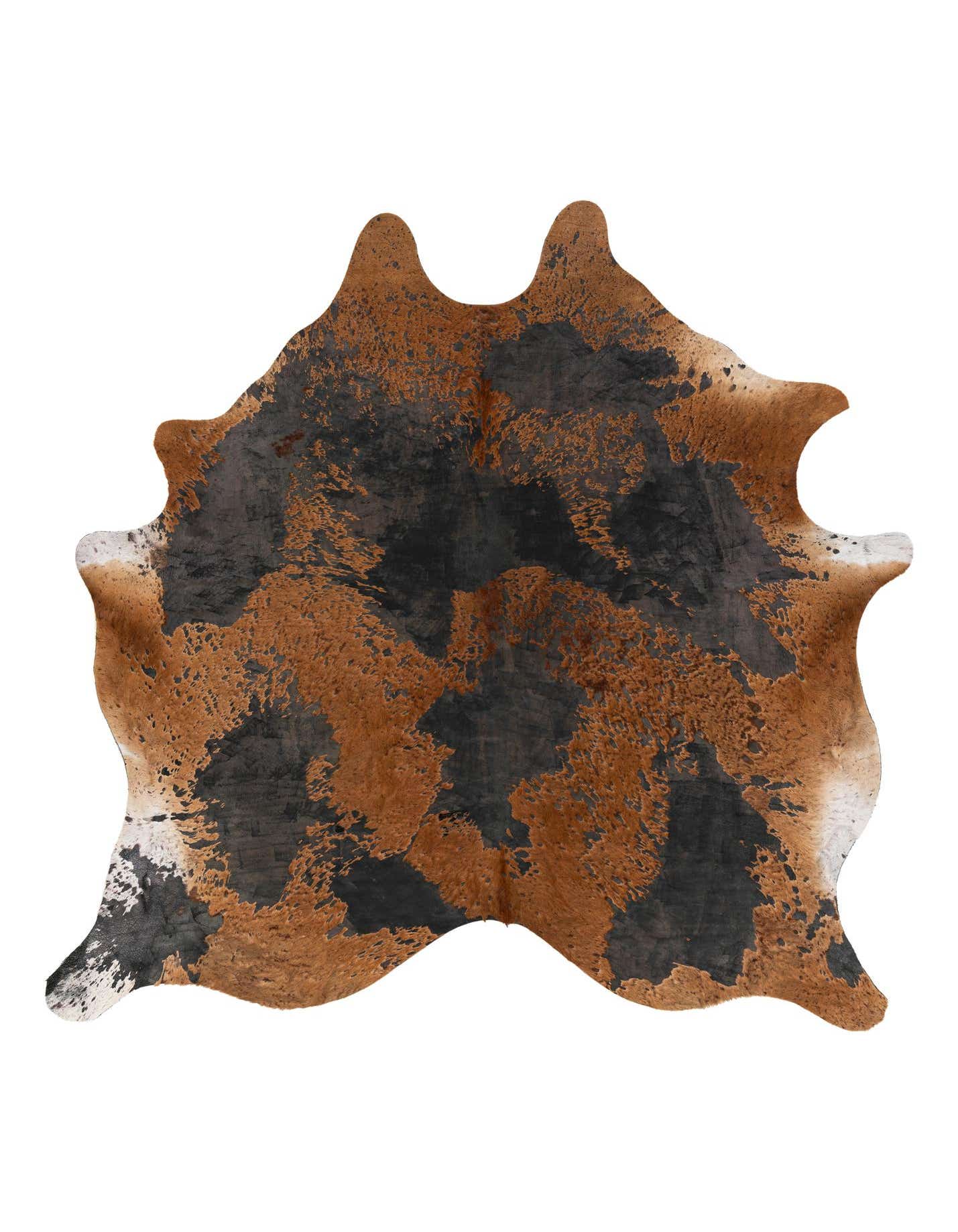A 7'3" x 7'8" square cowhide rug with an irregular shape, featuring mottled brown, tan, black, and white patterns.