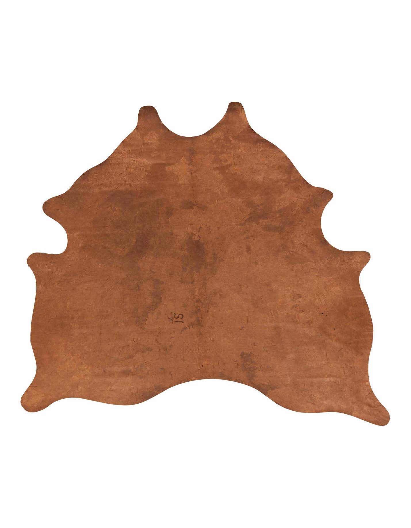 A 6'5" x 6'10" square cowhide leather rug in varying shades of brown and tan, featuring a natural, irregular shape and flat pile.