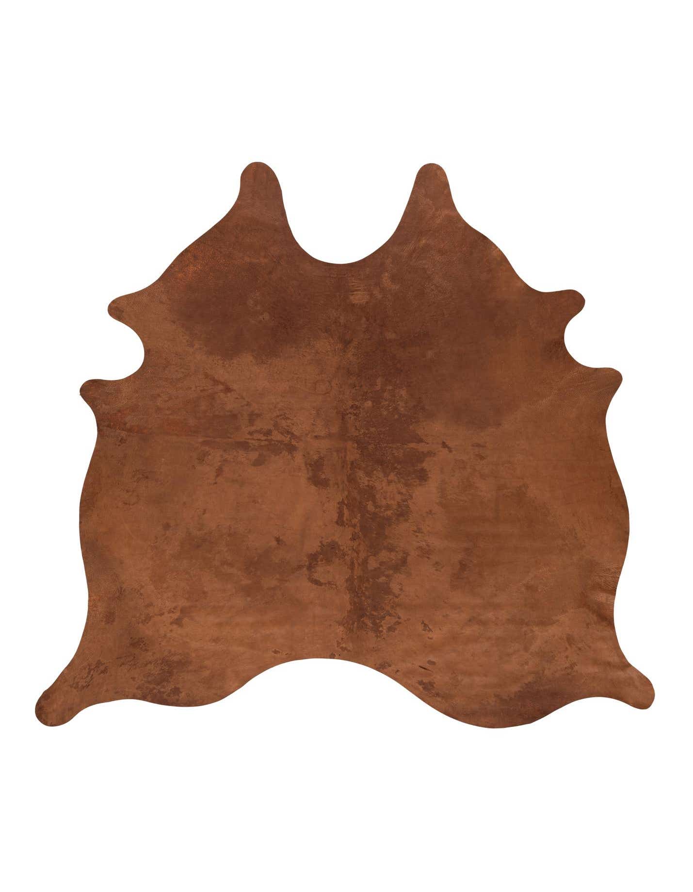 A 6' 8 x 6' 8 square brown cowhide leather rug with a natural, irregular shape and textured flat pile.