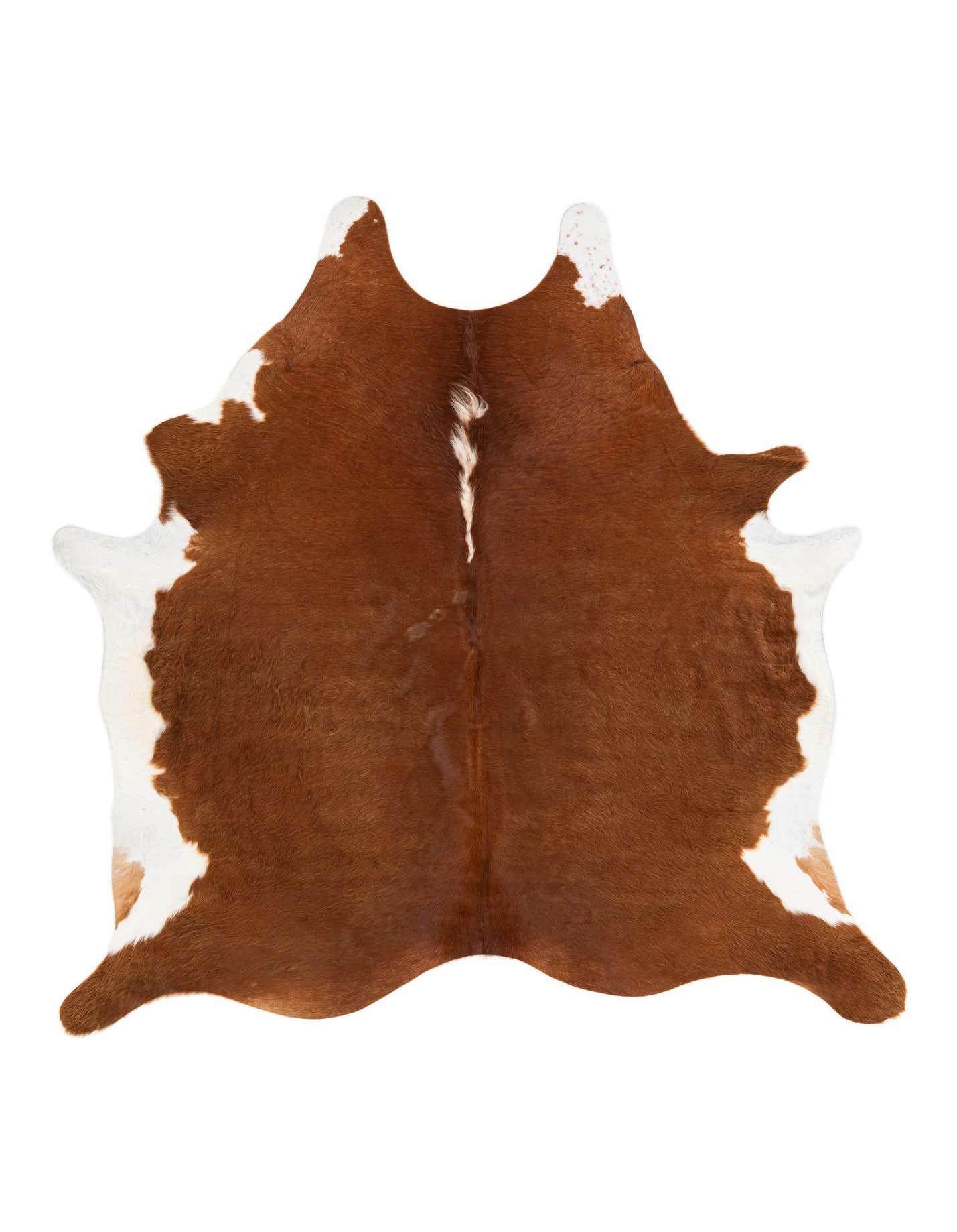 A 6' 4 x 6' 5 square brown and white cowhide rug with a natural, irregular shape and flat pile.
