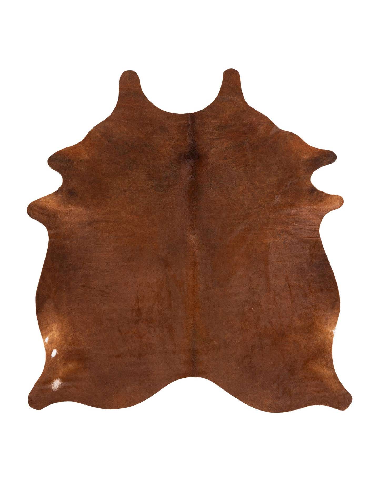 A natural brown cowhide rug with a few white spots, showcasing its unique organic shape and flat texture.