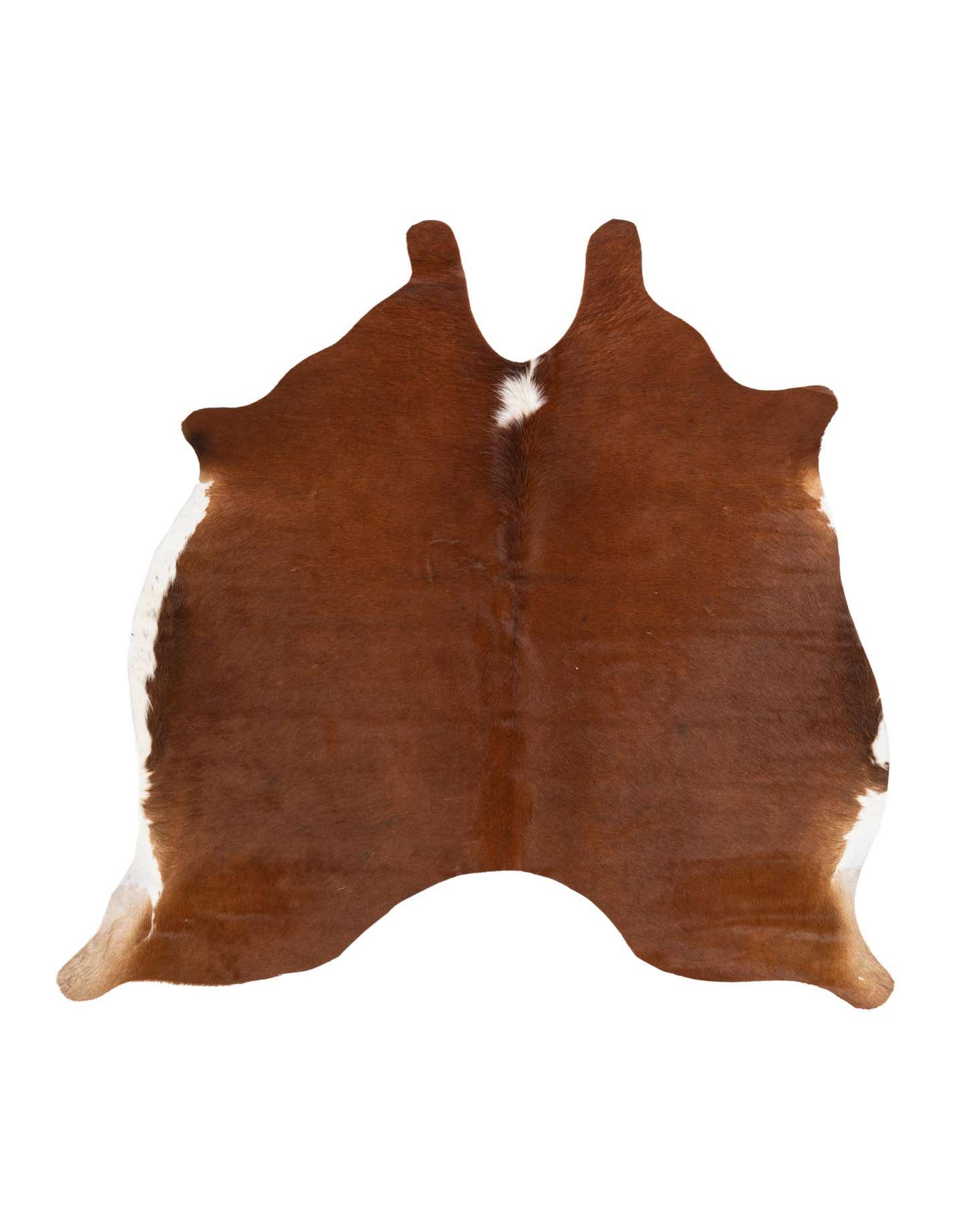 A 5' 5 x 5' 5 square brown and white cowhide rug with natural, irregular edges, showcasing its unique pattern.