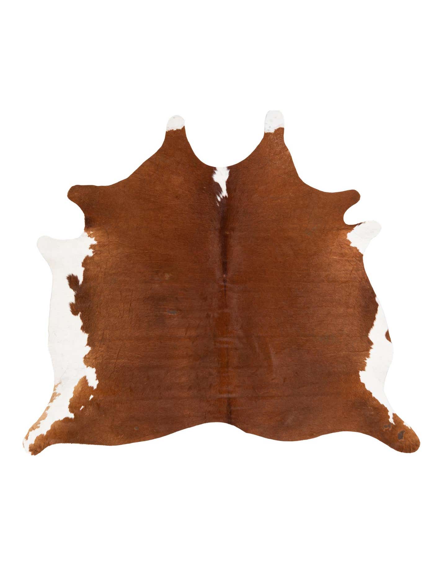 A 6' 2 x 6' 8 square cowhide leather rug in rich brown with irregular white patches, showcasing its natural shape and flat, textured pile.