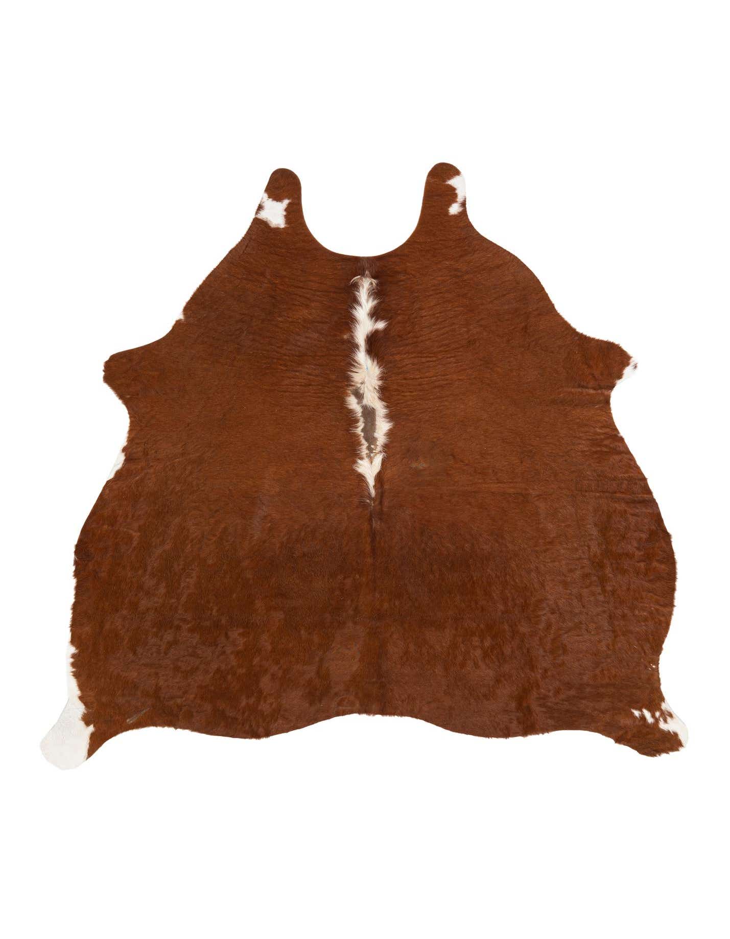 A 5' 2 x 5' 4 square brown and white cowhide rug with a natural, irregular shape and textured flat pile.