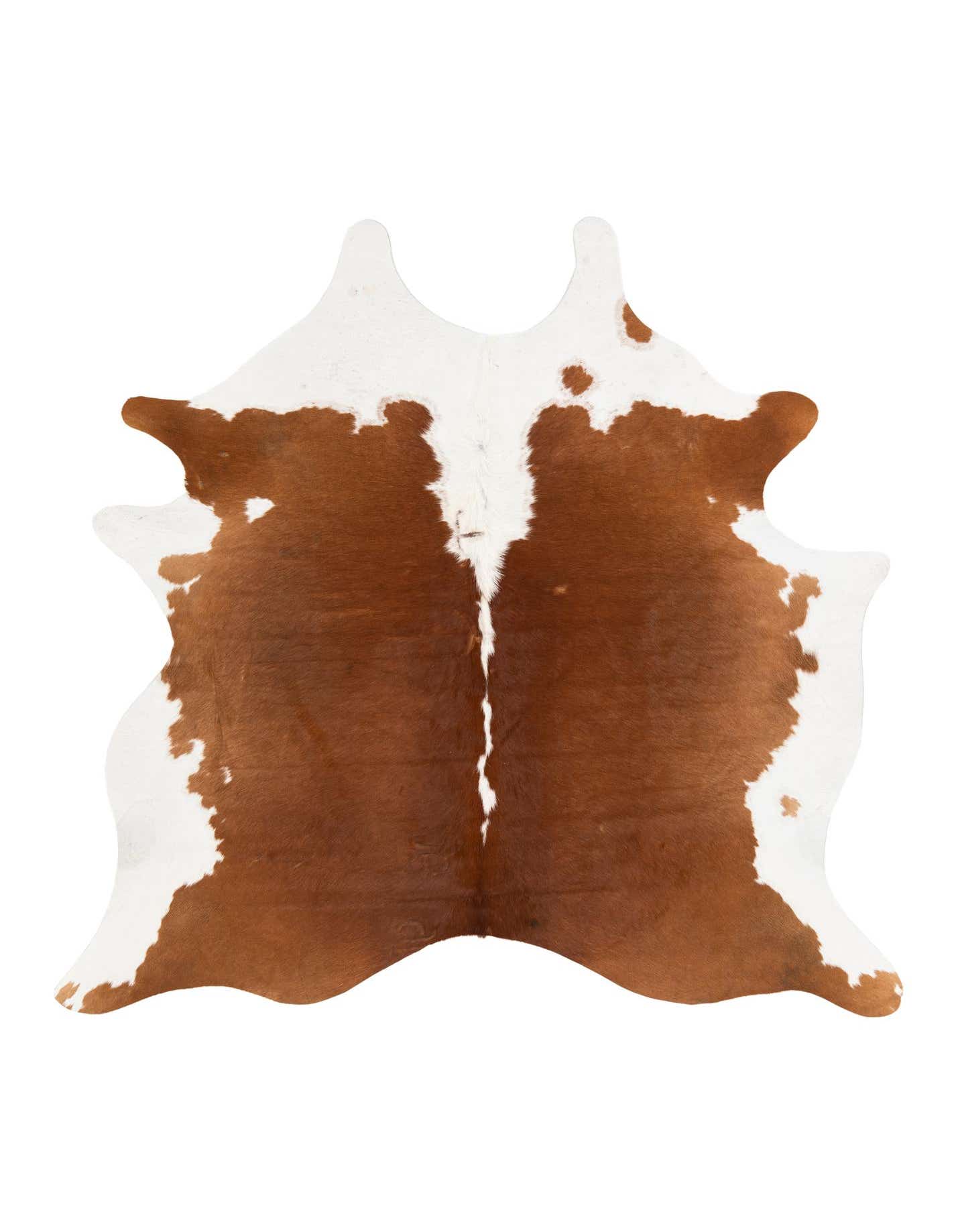 A 6' 2 x 6' 2 square cowhide rug featuring a natural brown and white pattern, ideal for a modern living space.
